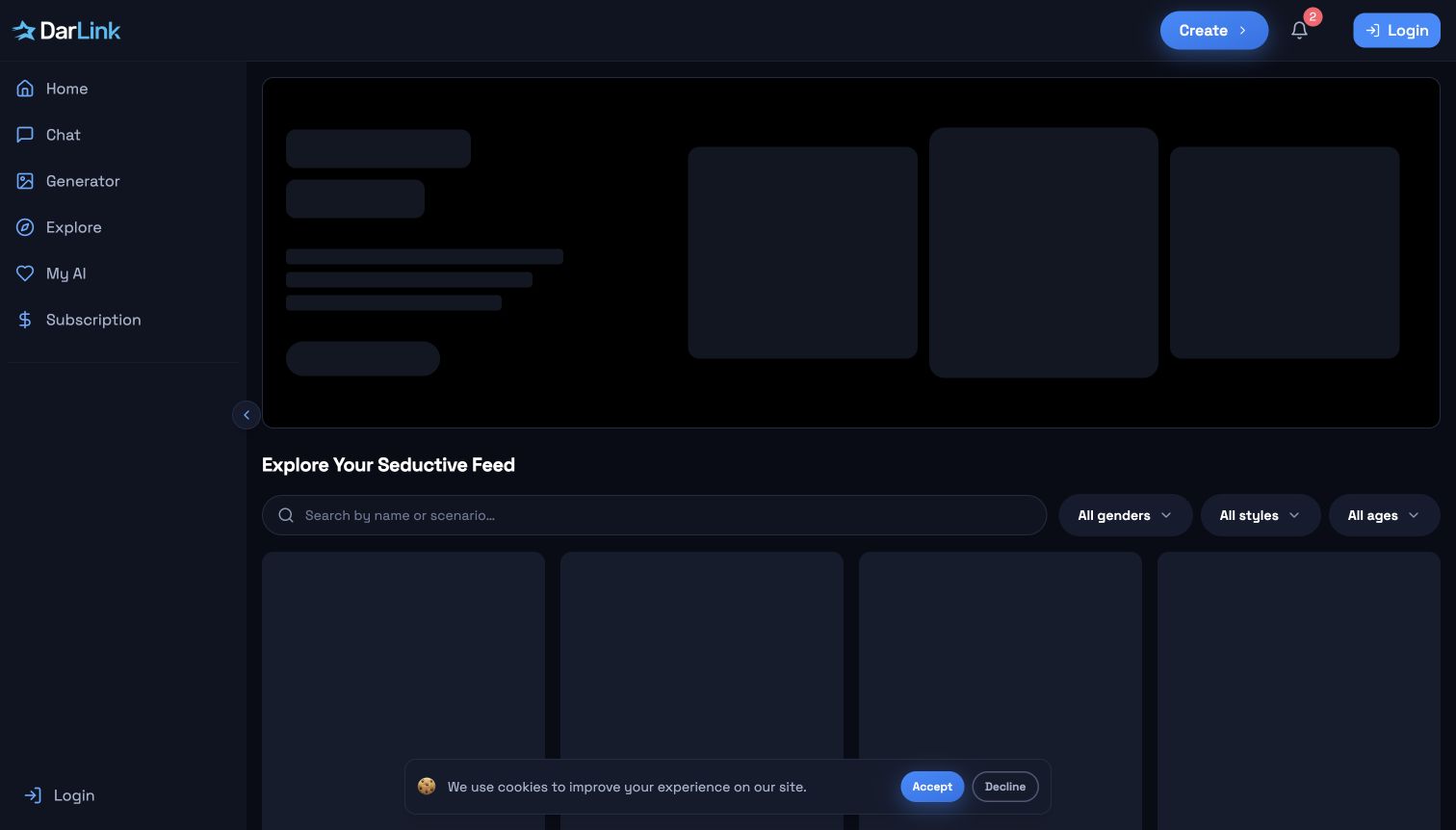 Logged-out DarLink AI product interface skeleton and navigation.