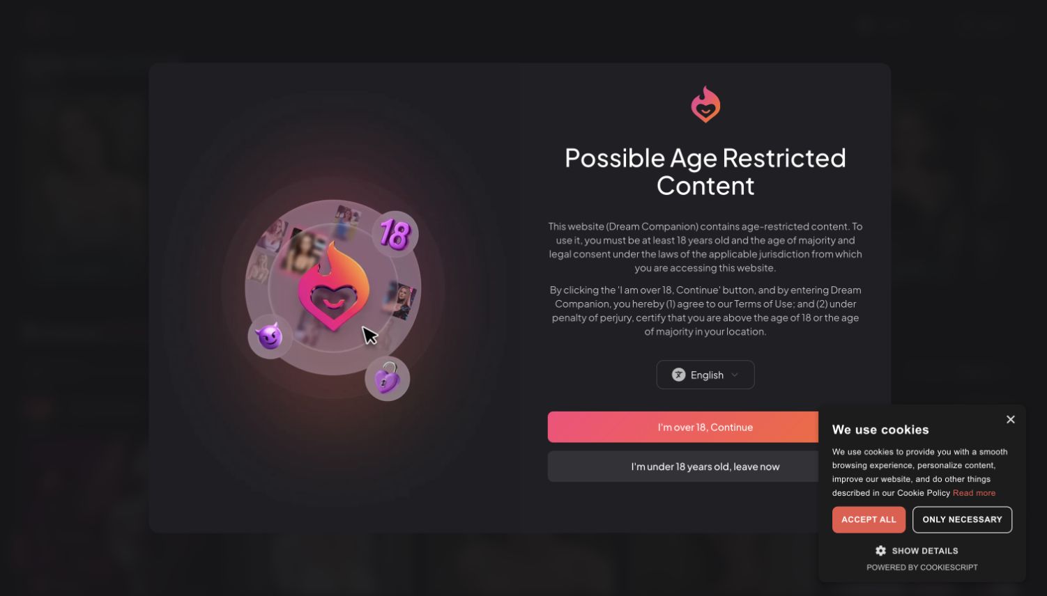 DreamCompanion age-restricted-content interstitial.